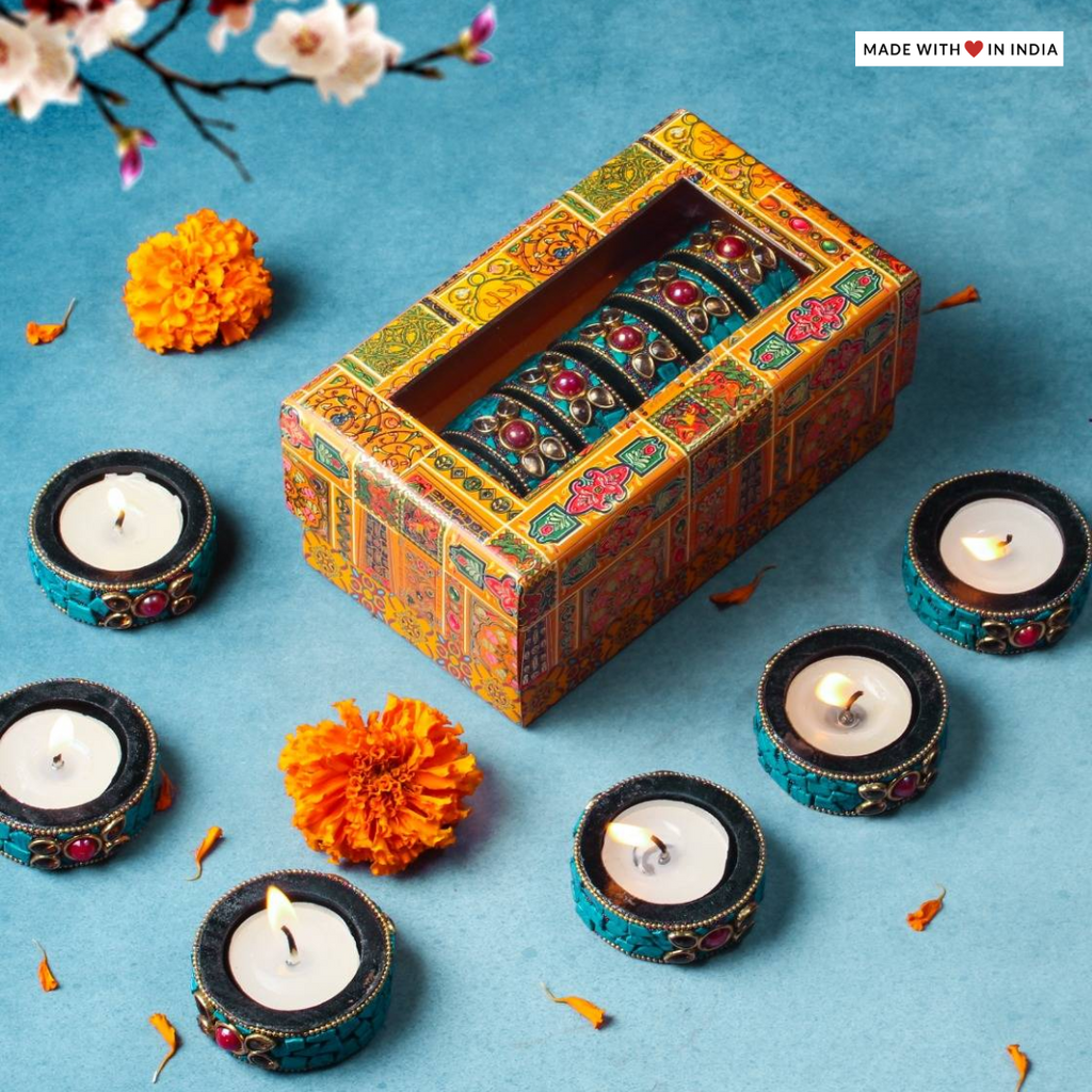 Stone Embellished Diwali Tealight Holders- Turquoise (Set of 6)