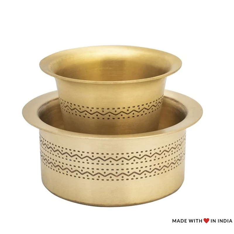 Brass South Indian Filter Coffee Davarah & Tumbler Set- Brushed Matt Finish with Etched Kolam Borders