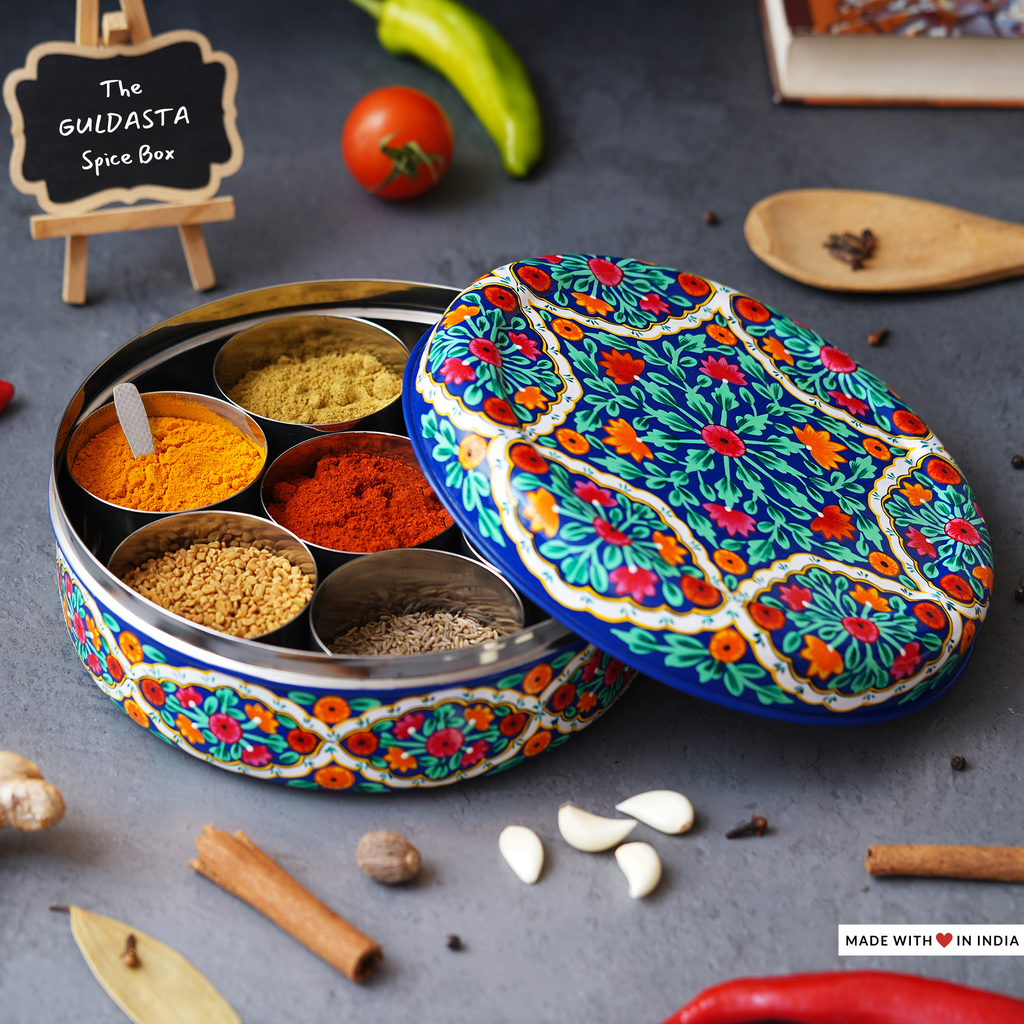 The Guldasta hand-painted stainless steel spice box/ masala dabba