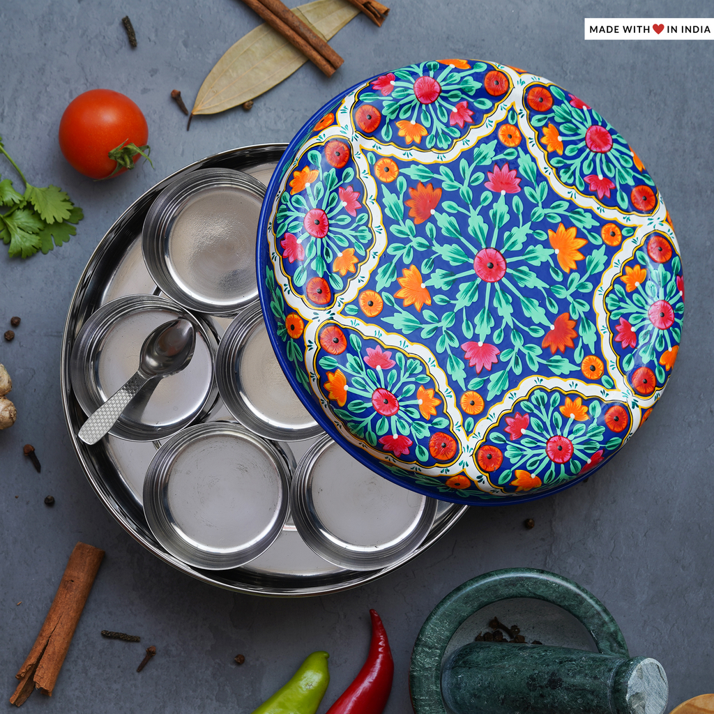The Guldasta hand-painted stainless steel spice box/ masala dabba