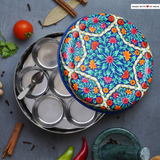 The Guldasta hand-painted stainless steel spice box/ masala dabba