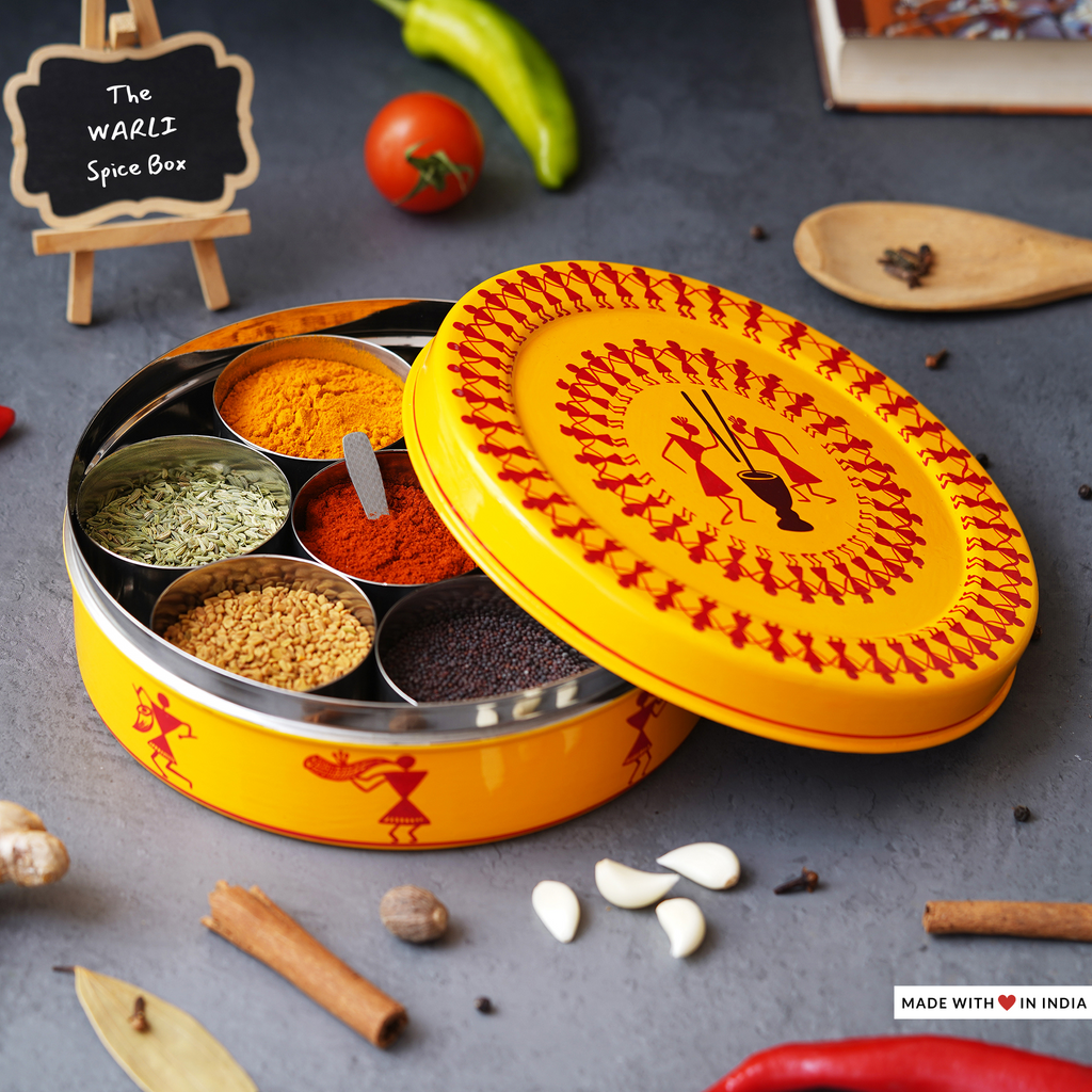 The WARLI hand-painted stainless steel spice/masala box