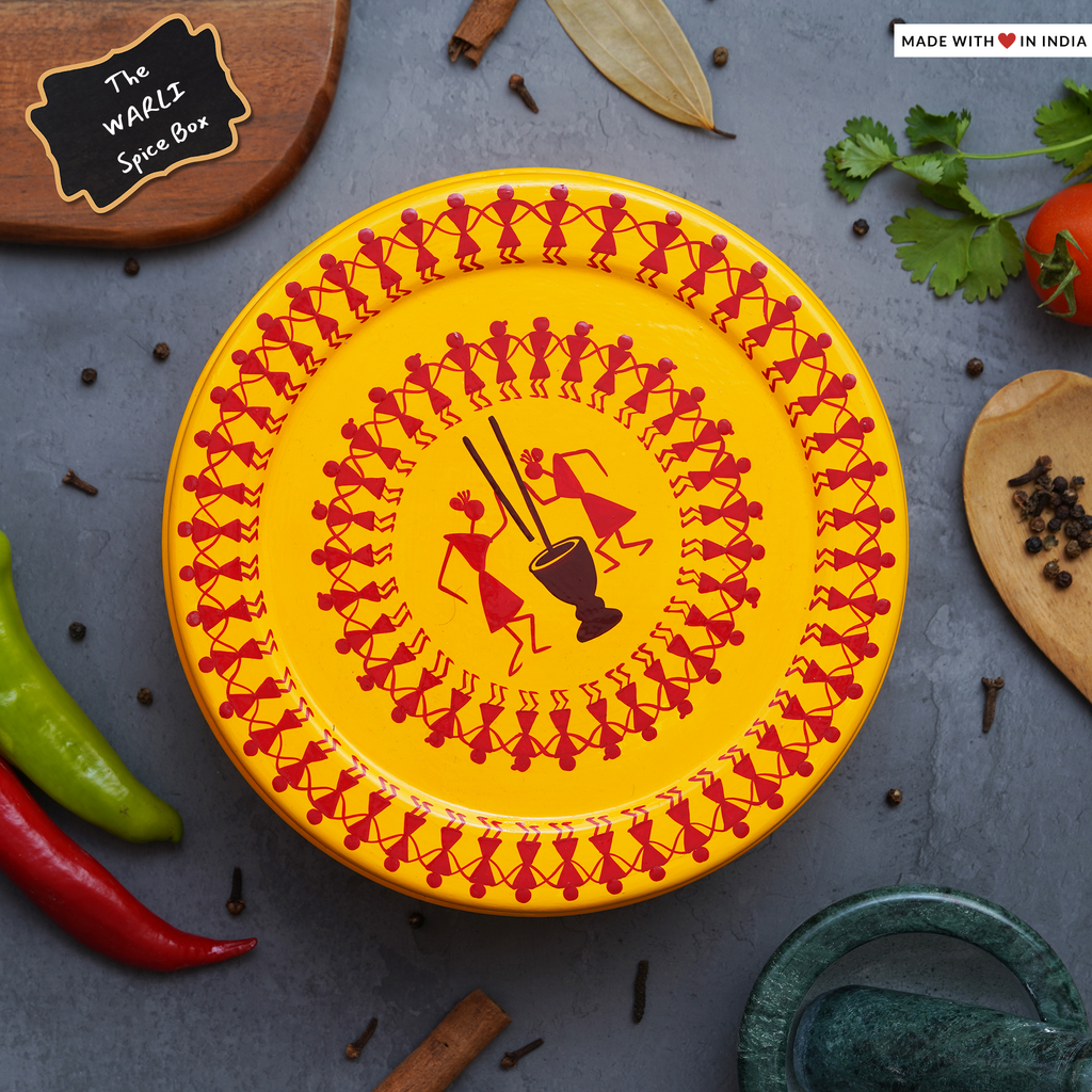 The WARLI hand-painted stainless steel spice/masala box