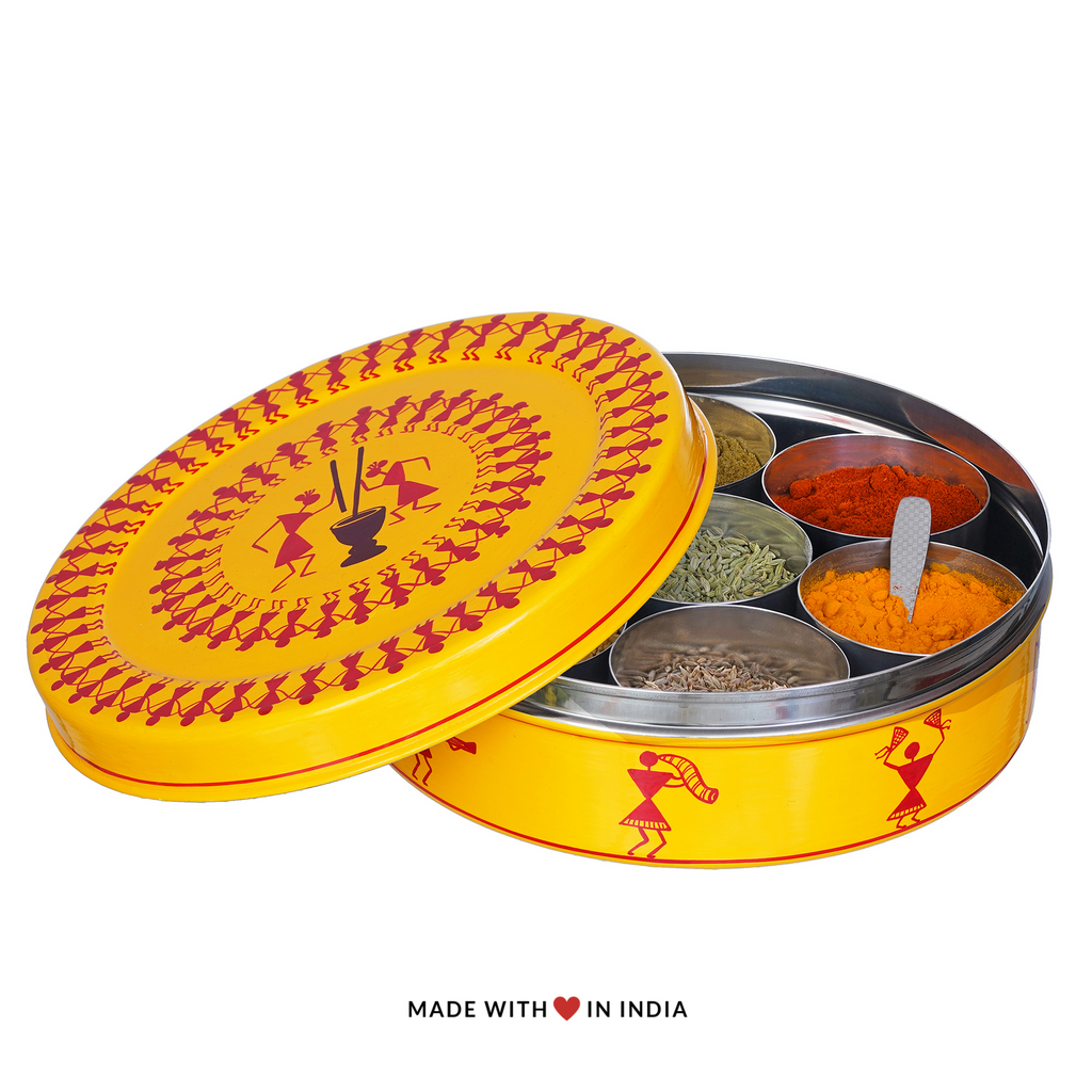The WARLI hand-painted stainless steel spice/masala box