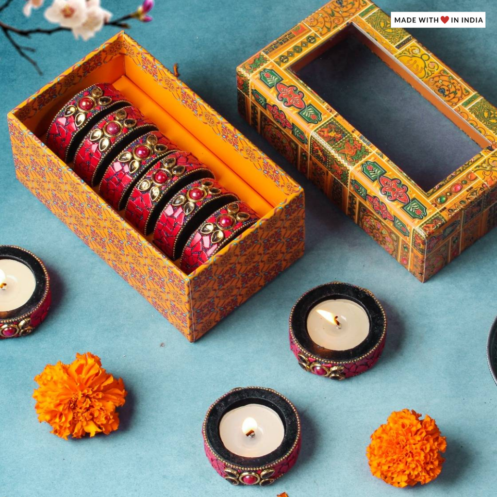 Stone Embellished Diwali Tealight Holders- Red (Set of 6)