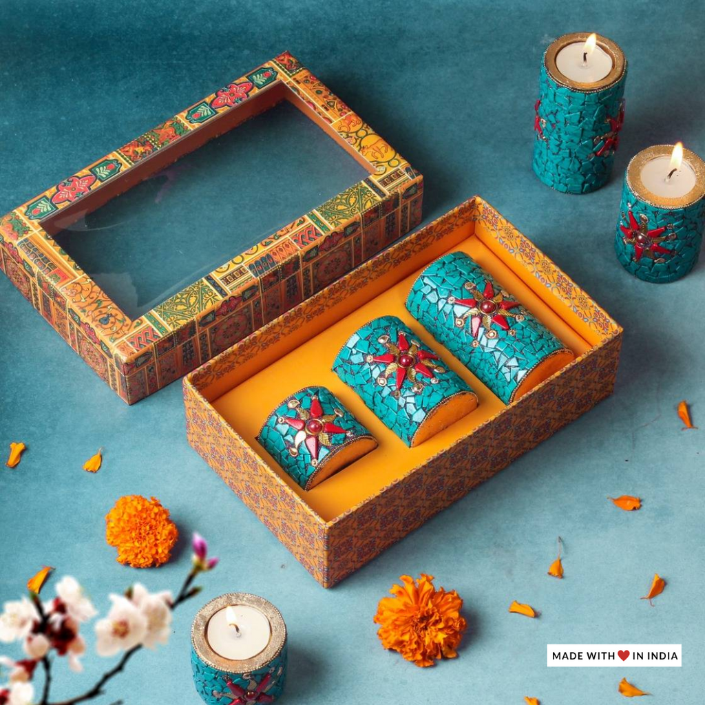 Candle Style Stone Embellished Diwali Tealight Holders-Turquoise (Set of 3)