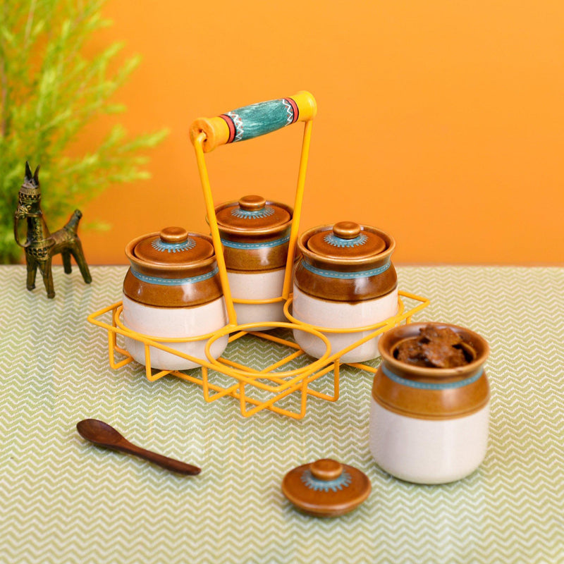 4 Hand-painted Porcelain Bharni/Jars with Metal stand - Made with Love in India