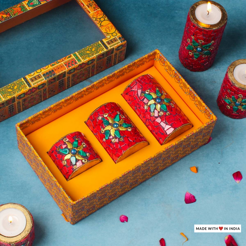 Candle Style Stone Embellished Diwali Tealight Holders-Red (Set of 3)