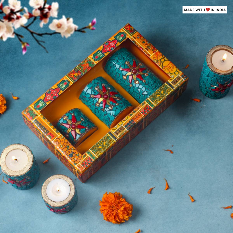 Candle Style Stone Embellished Diwali Tealight Holders-Turquoise (Set of 3)