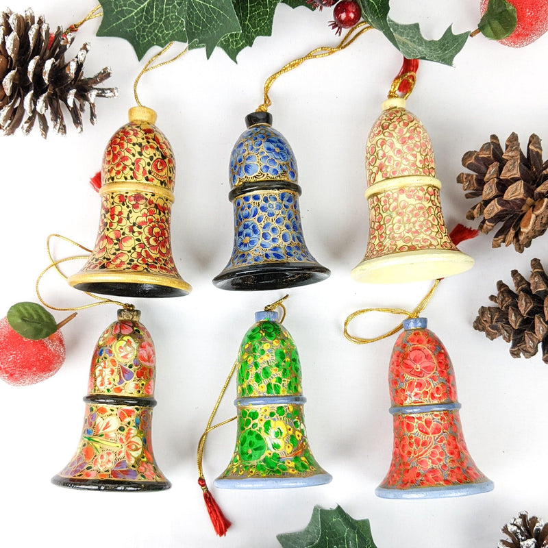 Christmas Tree Bell Ornaments - Hand-Painted Paper Mache - Assorted - Made with Love in India