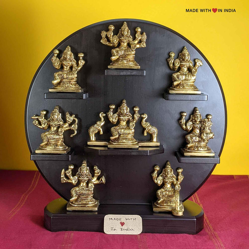 Ashtalakshmi Brass Statue - Eight Manifestations of Lalshmi (Laxmi) - on wooden base - Made with Love in India