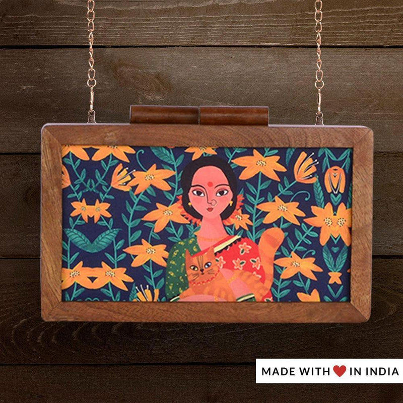 Billo Rani — Mango Wood & Silk Printed Indian Designer Clutch Bag - Made with Love in India