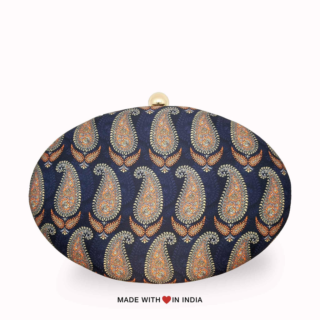 Blackcurrant Paisley — Oval Orange on Purple Silk Designer Clutch Bag - Made with Love in India