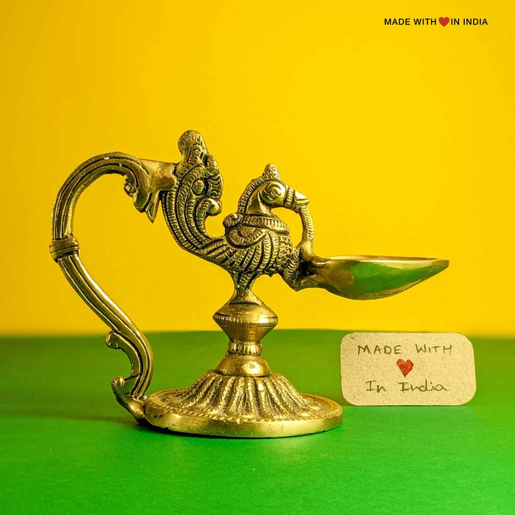 Brass Diya Arti Stand - Peacock - 3.5 inches - Made with Love in India