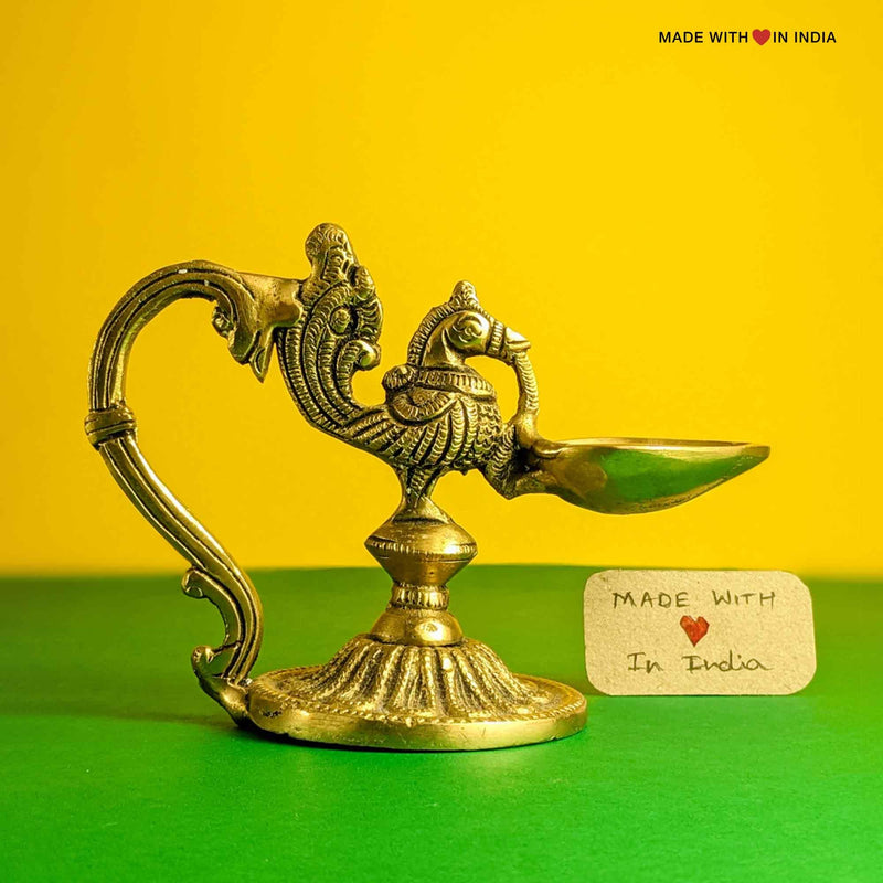 Brass Diya Arti Stand - Peacock - 3.5 inches - Made with Love in India