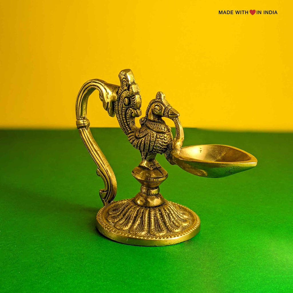 Brass Diya Arti Stand - Peacock - 3.5 inches - Made with Love in India