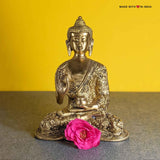 Buddha Brass Statue - with Story Inscriptions - Tabletop Accent - 7.5 inches - Made with Love in India