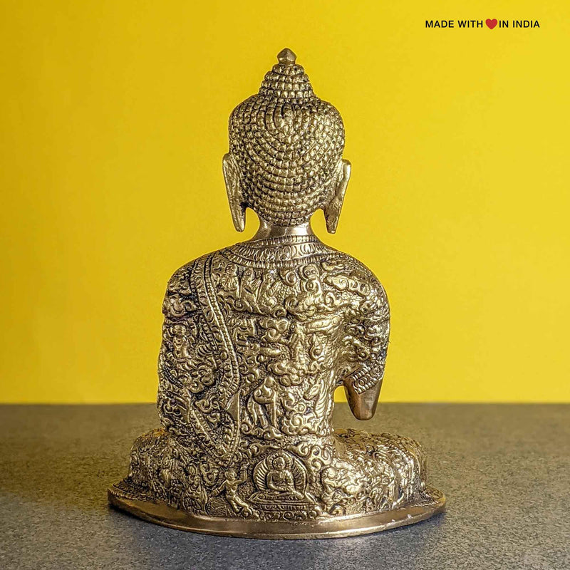 Buddha Brass Statue - with Story Inscriptions - Tabletop Accent - 7.5 inches - Made with Love in India