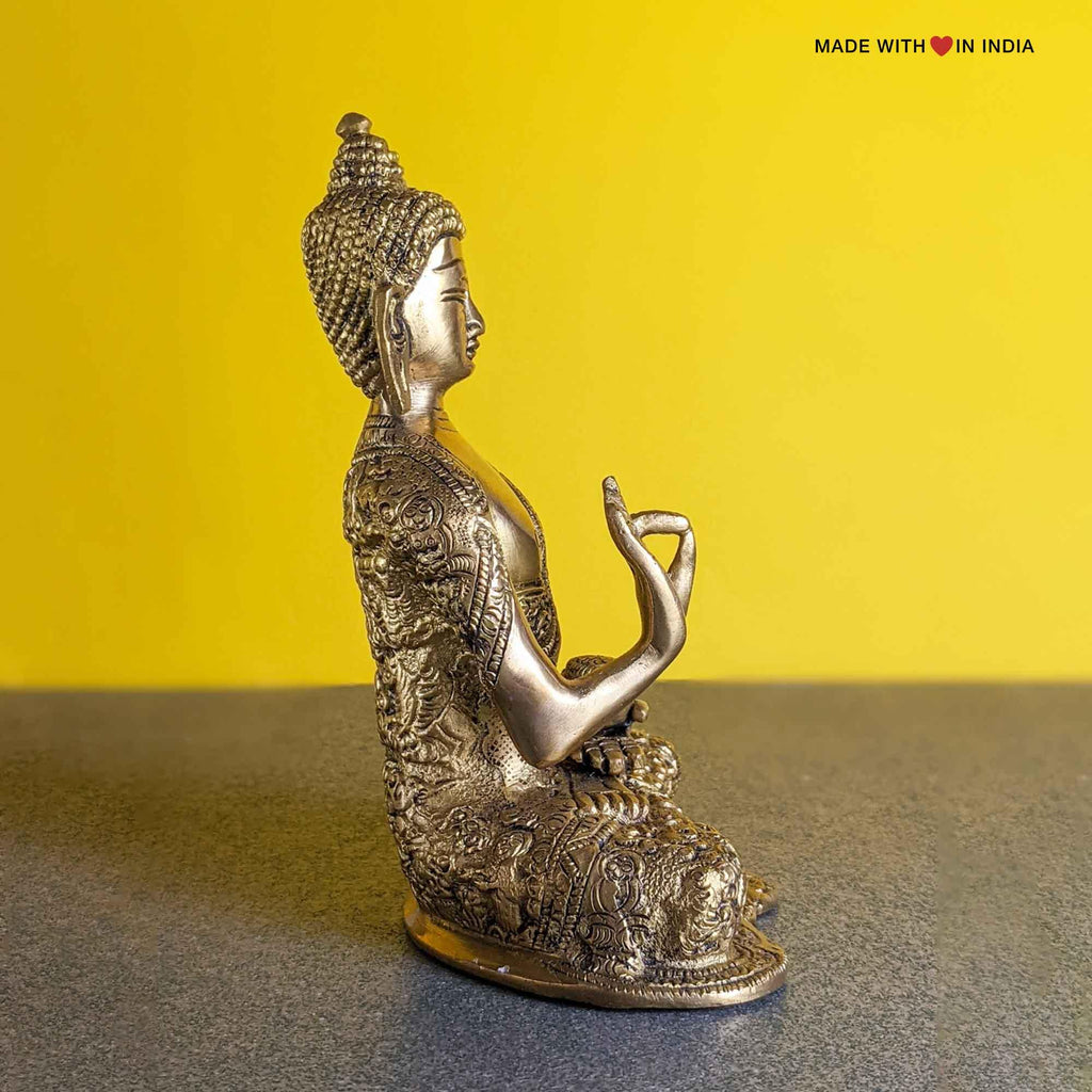 Buddha Brass Statue - with Story Inscriptions - Tabletop Accent - 7.5 inches - Made with Love in India