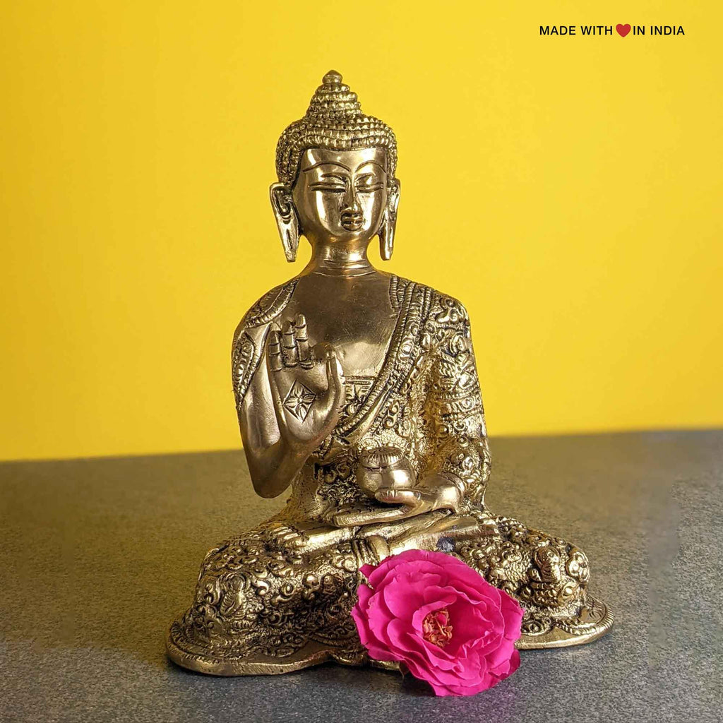 Buddha Brass Statue - with Story Inscriptions - Tabletop Accent - 7.5 inches - Made with Love in India