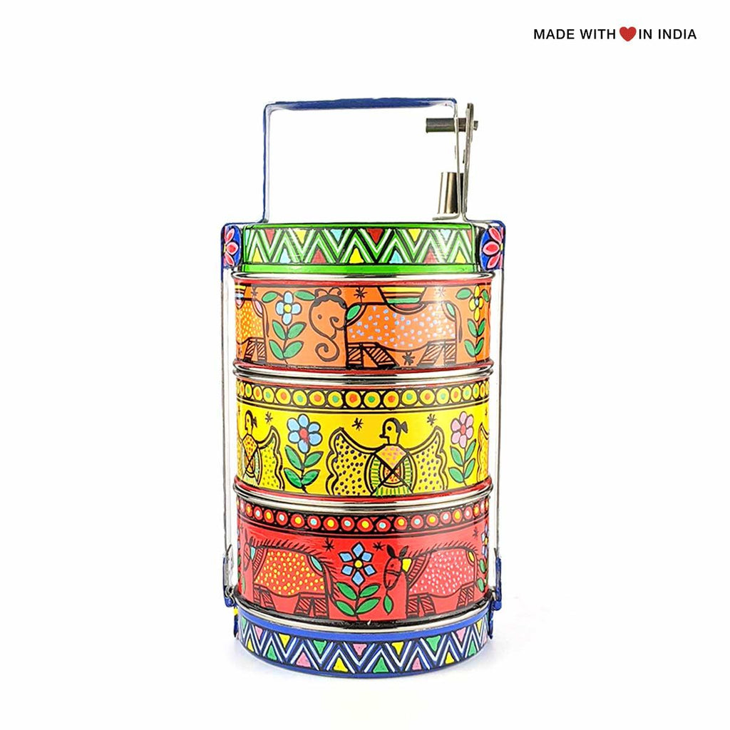 Rahika — Madhubani Hand-Painted Stainless Steel Tiffin Lunch Box - Made with Love in India