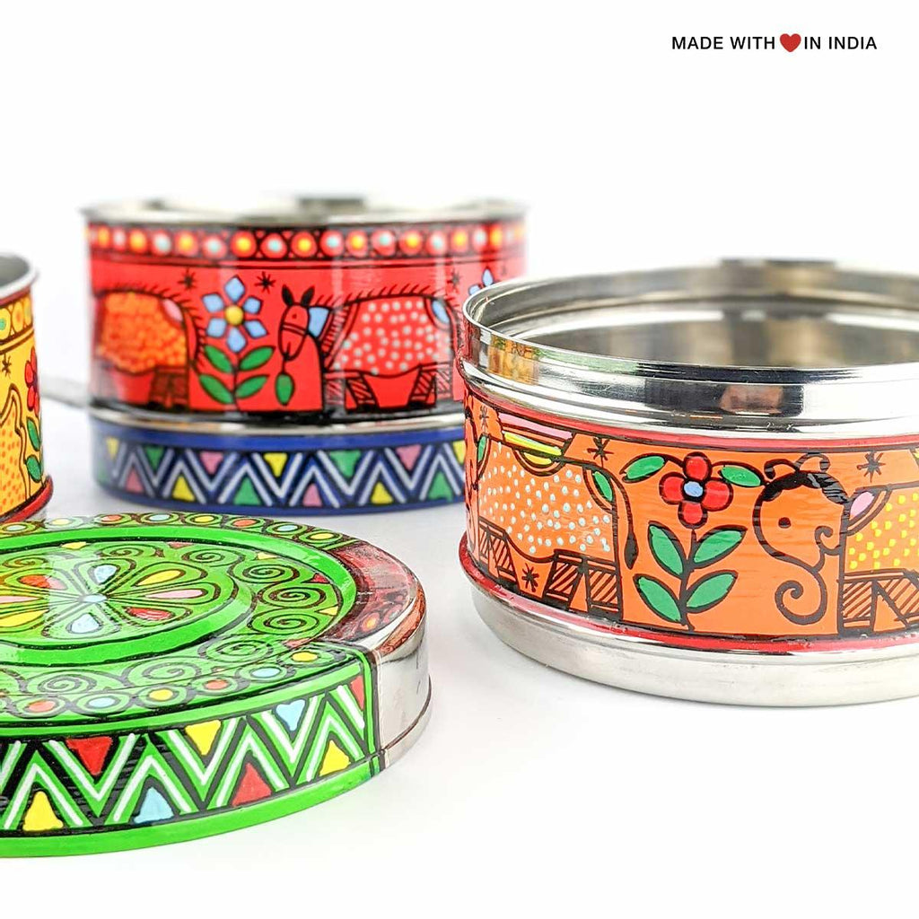 Rahika — Madhubani Hand-Painted Stainless Steel Tiffin Lunch Box - Made with Love in India