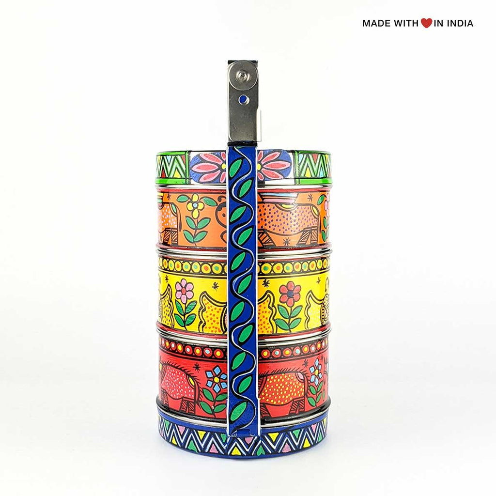 Rahika — Madhubani Hand-Painted Stainless Steel Tiffin Lunch Box - Made with Love in India