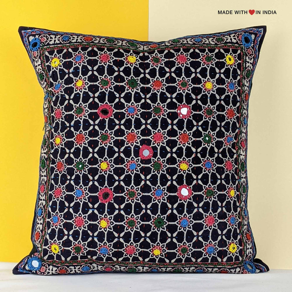Deegra - Ajrakh Embroidered Mirror-work Cushion Cover