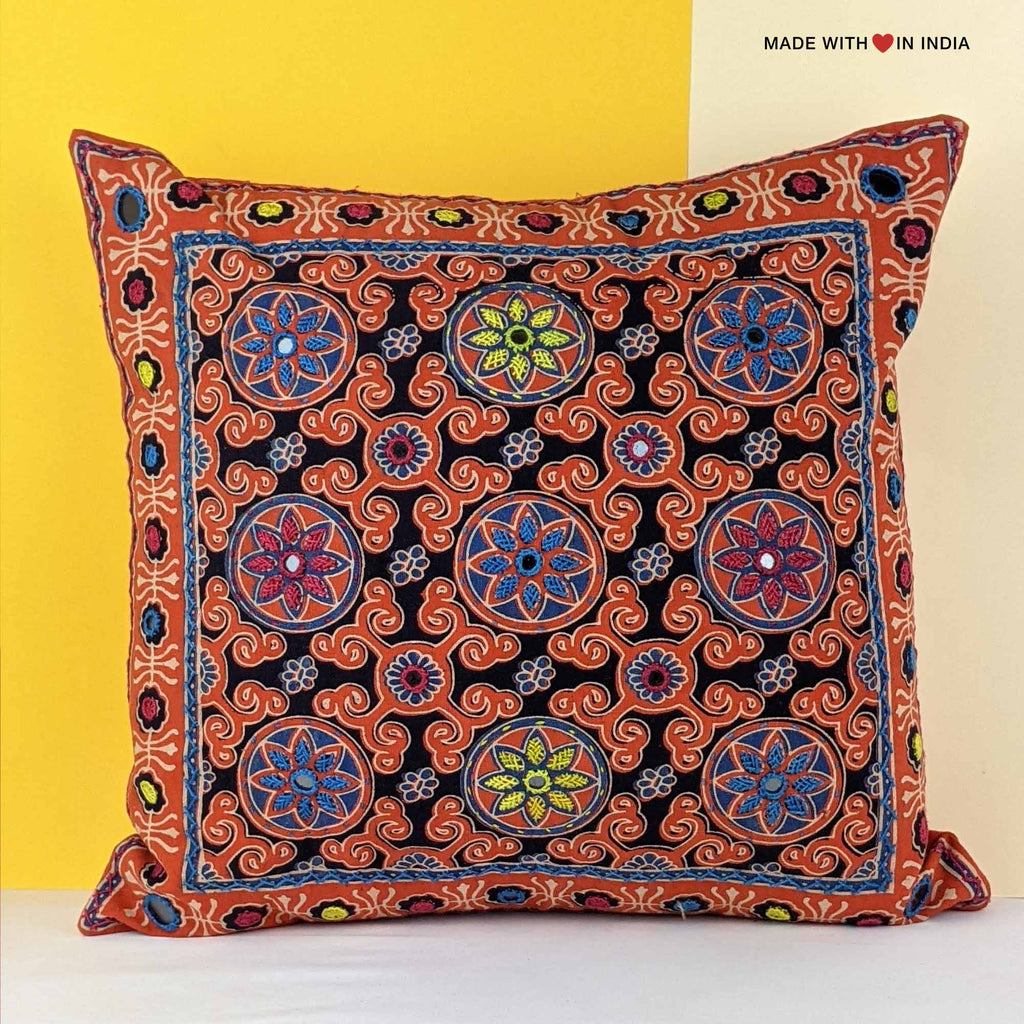 Lorti - Ajrakh Embroidered Mirror-work Cushion Cover