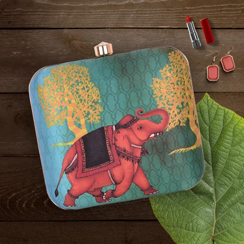 Elephant Trot - Silk Print Designer Clutch - Made with Love in India