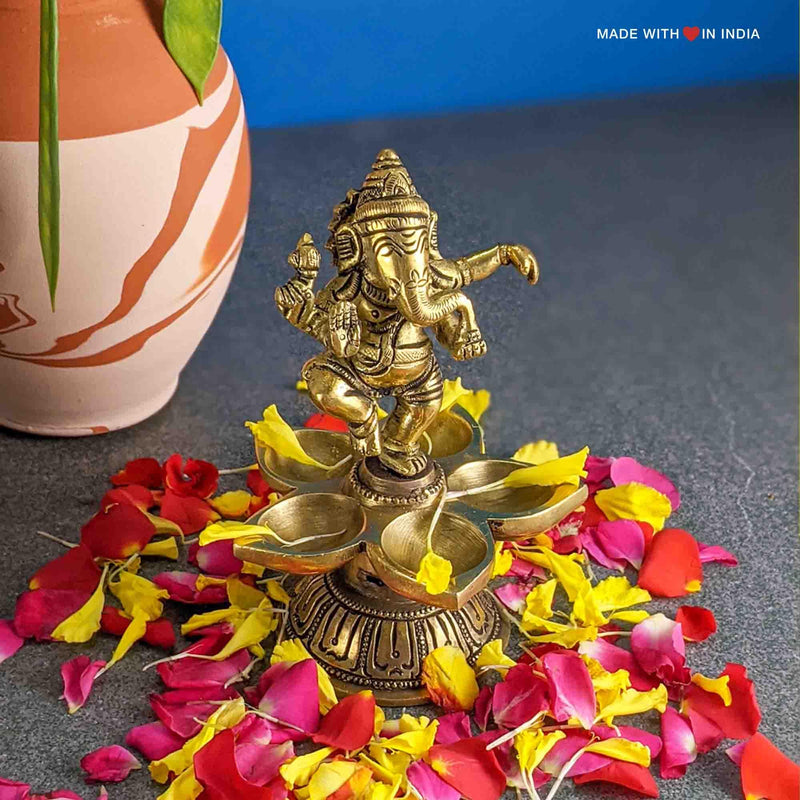 Ganesha Dancing Diya (Oil Lamp) - Ganesh Brass Statue - 5 inches - Made with Love in India