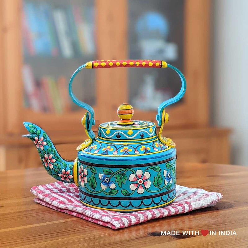 Mankot - Hand Painted Chai Kettle Teapot in Turquoise, Yellow, & Pink - Made with Love in India