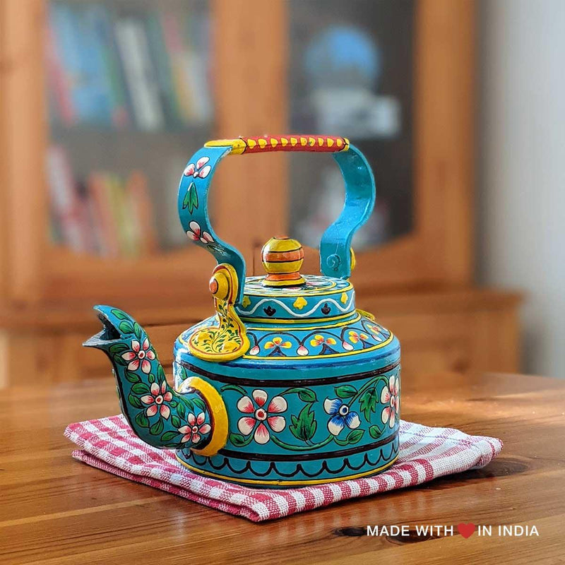 Mankot - Hand Painted Chai Kettle Teapot in Turquoise, Yellow, & Pink - Made with Love in India