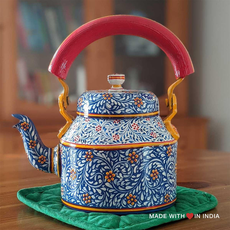 Nilakanth - Hand Painted Chai Kettle Teapot in Blue, Yellow, & Red - Made with Love in India