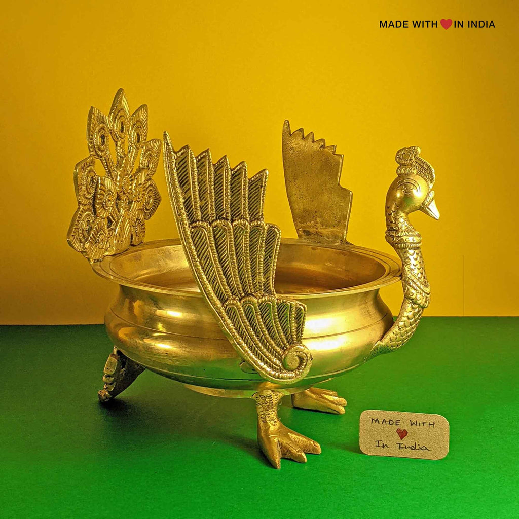 Brass Urli - Winged Peacock - Decorative Brass Bowl aka Uruli - Made with Love in India