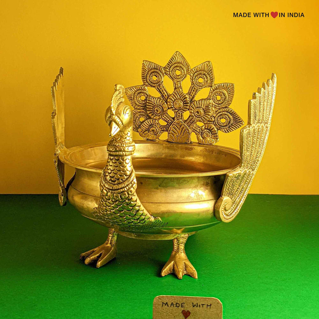 Brass Urli - Winged Peacock - Decorative Brass Bowl aka Uruli - Made with Love in India