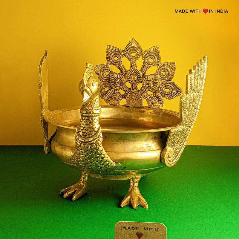 Brass Urli - Winged Peacock - Decorative Brass Bowl aka Uruli - Made with Love in India