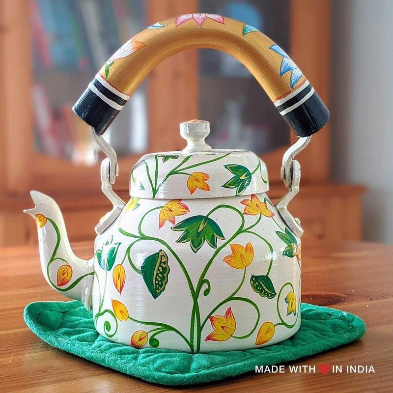 Pilaghanti - Hand Painted Chai Kettle Teapot in White, Green, & Yellow - Made with Love in India