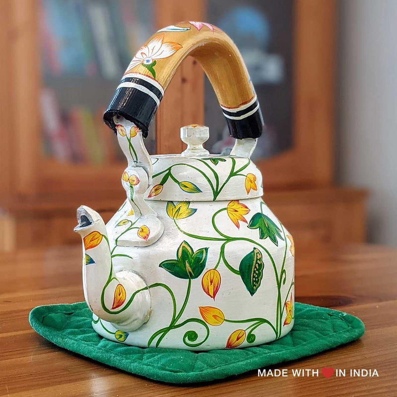 Pilaghanti - Hand Painted Chai Kettle Teapot in White, Green, & Yellow - Made with Love in India