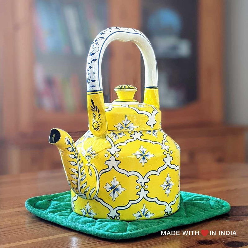 Polo - Hand Painted Chai Kettle Teapot in Lemon Yellow, White, & Blue - Made with Love in India