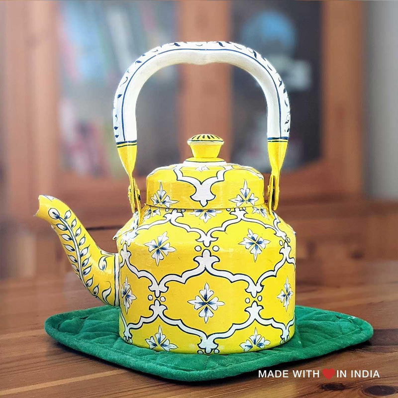 Polo - Hand Painted Chai Kettle Teapot in Lemon Yellow, White, & Blue - Made with Love in India