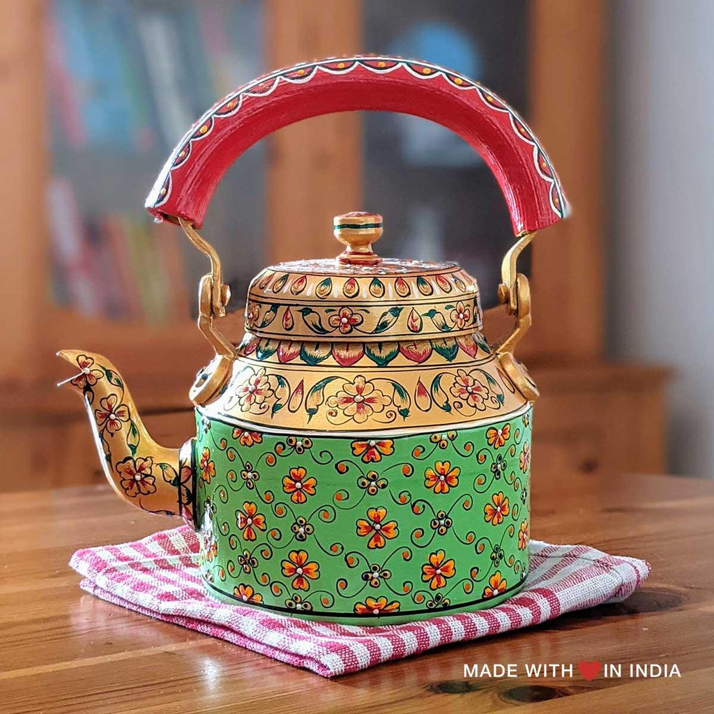 Ragamala - Hand Painted Chai Kettle Teapot in Pistachio Green, Gold, & Red - Made with Love in India