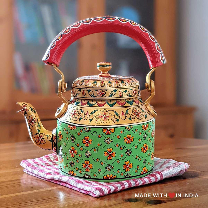 Ragamala - Hand Painted Chai Kettle Teapot in Pistachio Green, Gold, & Red - Made with Love in India