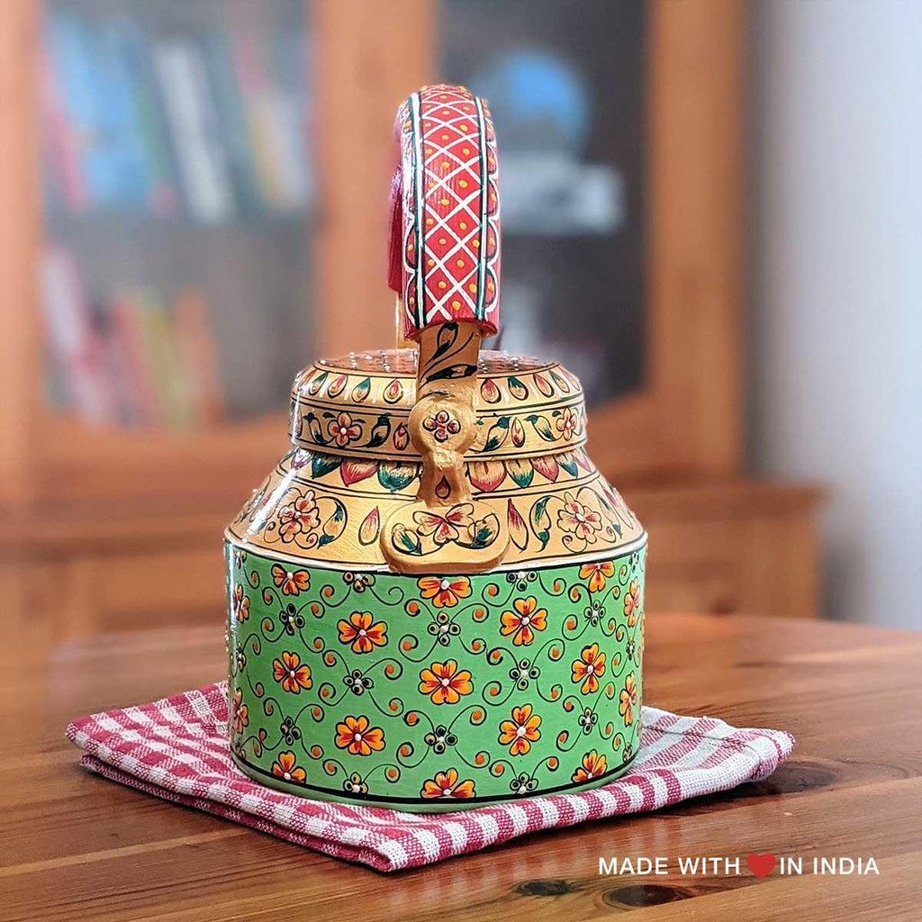 Ragamala - Hand Painted Chai Kettle Teapot in Pistachio Green, Gold, & Red - Made with Love in India