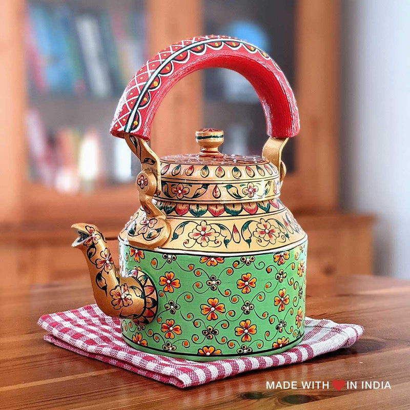 Ragamala - Hand Painted Chai Kettle Teapot in Pistachio Green, Gold, & Red - Made with Love in India