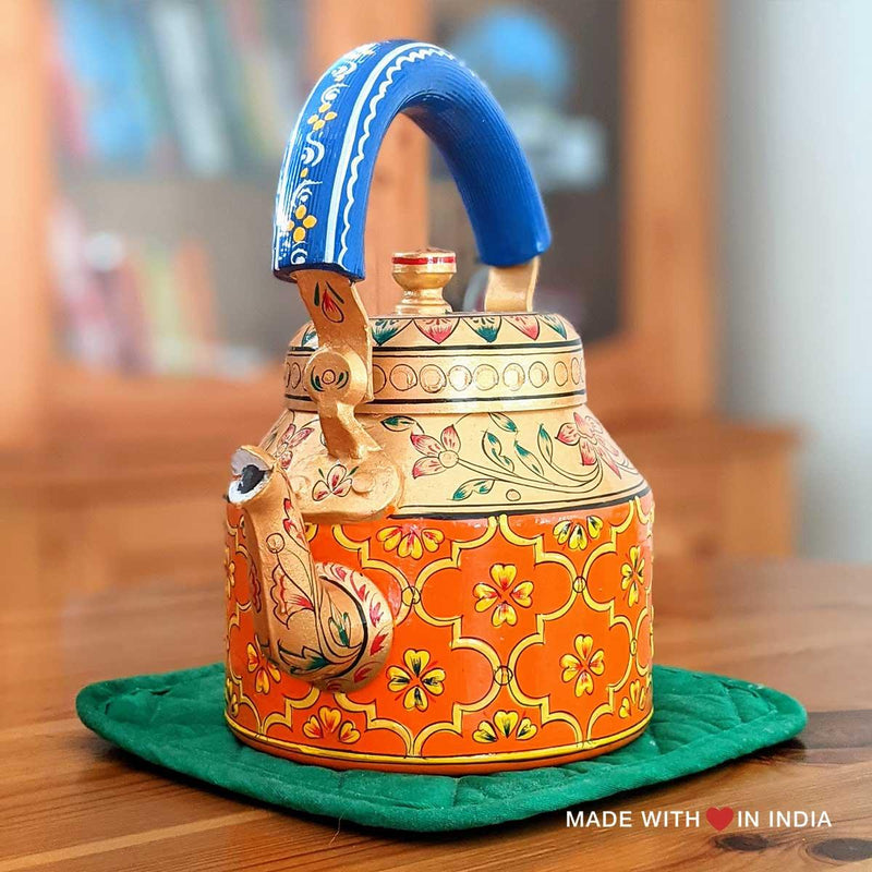 Rohira - Hand Painted Chai Kettle Teapot in Orange, Gold, & Blue - Made with Love in India