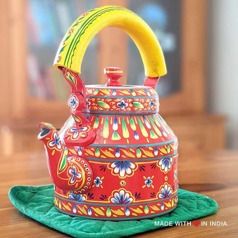 Shamiana - Hand Painted Chai Kettle Teapot in Red, Yellow, & Blue - Made with Love in India