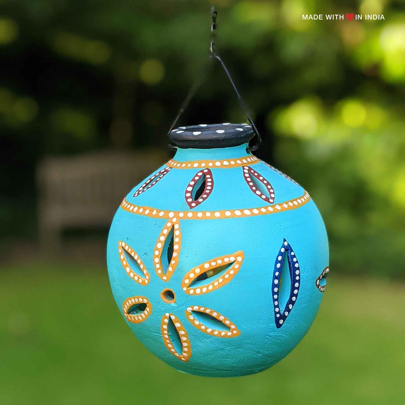 Terracotta Diwali Diya, Hanging Garden Lantern - Sky Blue Globe - Made with Love in India