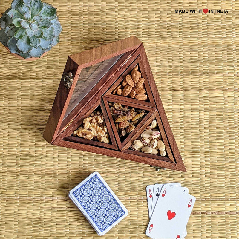 Triangle Handcrafted Wooden Spice Box Masala Dabba with Glass Lid & Spoon - Made with Love in India