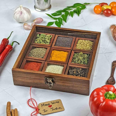 Handcrafted Wooden Spice Box Masala Dabba with Glass Lid — 8 inch, 10 inch, 12 inch - Made with Love in India